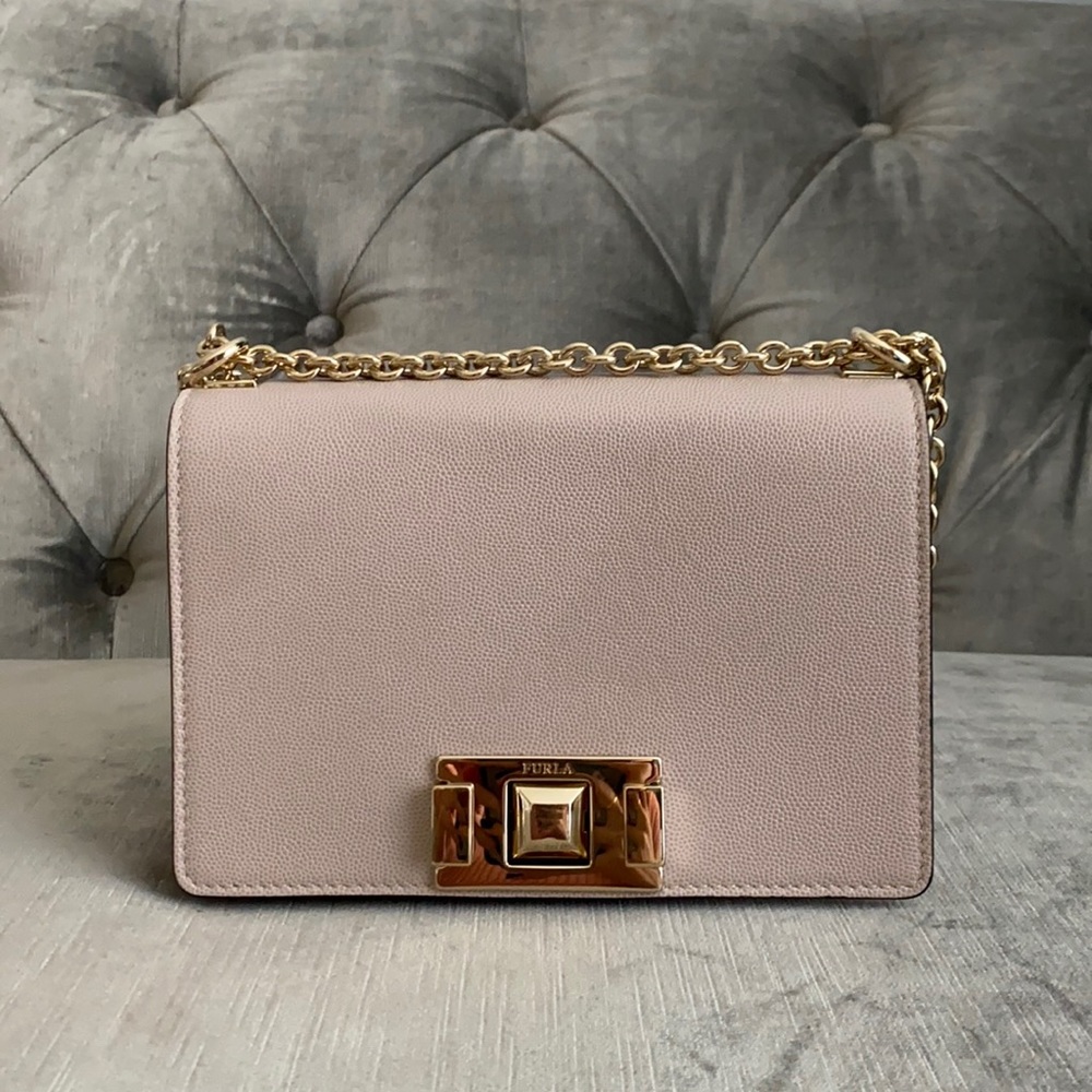 Furla Blush Pink Leather Chain Shoulder Bag with Gold Hardware